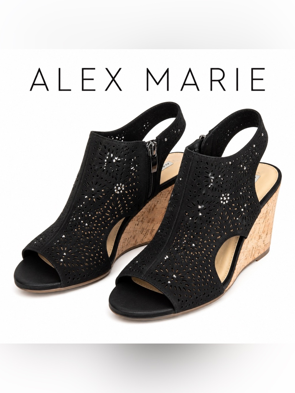 Alex Marie Black Perforated Cork Wedge Sandals NWT